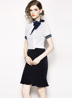 Tied Color-blocked Short Sleeve Top & Slim Mermaid Skirt