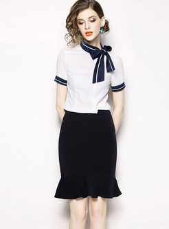 Tied Color-blocked Short Sleeve Top & Slim Mermaid Skirt