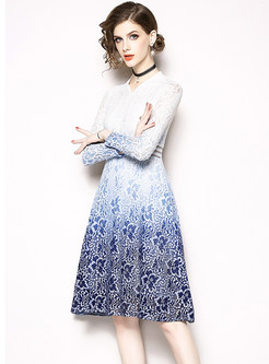 V-neck Hollow Out Embroidered Lace A Line Dress