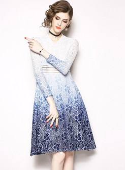 V-neck Hollow Out Embroidered Lace A Line Dress