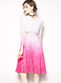 Fashion Color-blocked Long Sleeve Lace Skater Dress