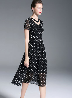 Stylish Black-white Polka Dots Hollow Out Chiffon Dress