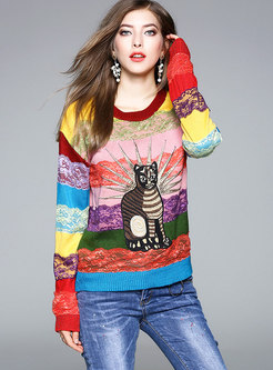 Casual Cat Embroidery Rainbow Striped Knitted Sweater
