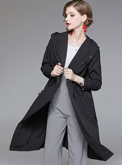 Fashion Black Hooded Loose All-match Asymmetric Trench Coat