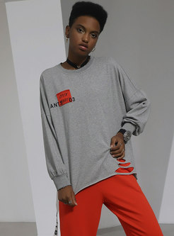 Casual Letter Print Hollow Out O-neck Sweatshirt