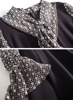 Trendy Tie-neck Flare Sleeve Stitching A Line Dress