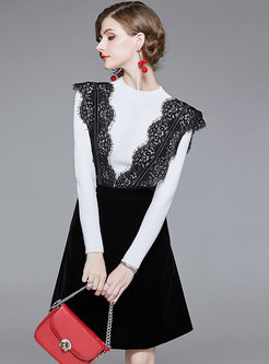 OL White Knitted Sweater & Black Guipure Lace Strap Dress