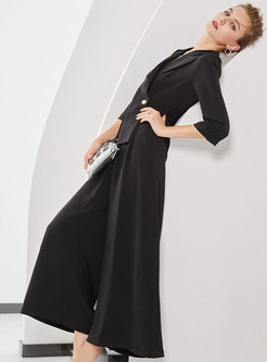Autumn Black Notched Lapel Double-breasted Jumpsuit