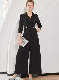 Autumn Black Notched Lapel Double-breasted Jumpsuit