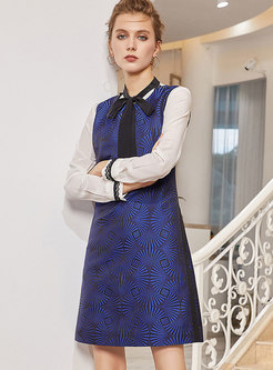 Stylish Navy Blue Sleeveless Jacquard Pocket Dress
