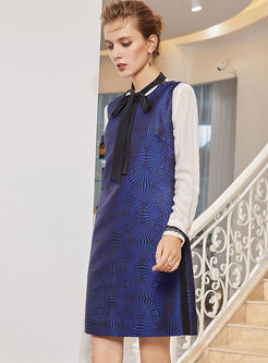 Stylish Navy Blue Sleeveless Jacquard Pocket Dress