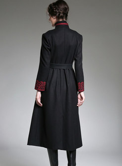 Ethnic High Neck Embroidered Wool Trench Coat With Pockets