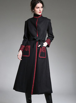 Ethnic High Neck Embroidered Wool Trench Coat With Pockets