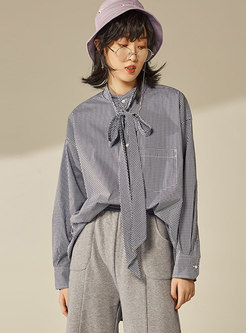 Grid Letter Print Stand Collar Bowknot Single-breasted Blouse