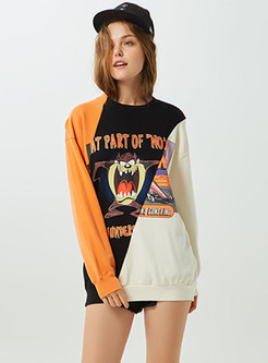 Fashionable Color-blocked Print O-neck Loose Sweatshirt