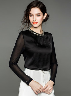 Beaded Standing Collar Perspective Long Sleeve Blouse