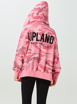 Chic Print Hooded Zipper Camouflage Coat