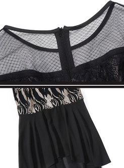Black Transparent Lace Sequin Peplum Dress