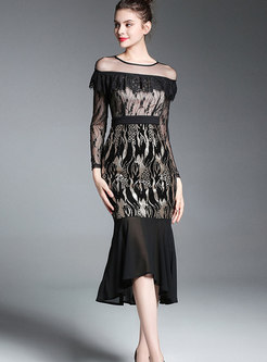 Black Transparent Lace Sequin Peplum Dress