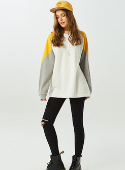 Color-blocked Stand Collar Letter Embroidered Loose Sweatshirt