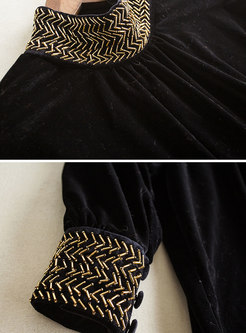 Trendy Batwing Sleeve Velvet Beaded Wrap Sheath Dress