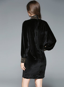 Trendy Batwing Sleeve Velvet Beaded Wrap Sheath Dress