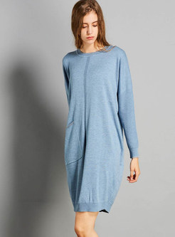 Blue Casual Loose O-neck Long Sleeve Knitted Dress
