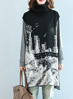 Fashion High Neck Sleeveless Print Slit Long Sweater