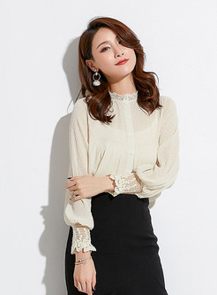 Solid Color Splicing Stand Collar Lantern Sleeve Blouse With Caim