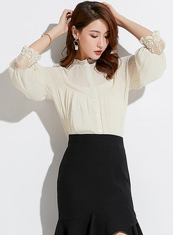 Solid Color Splicing Stand Collar Lantern Sleeve Blouse With Caim