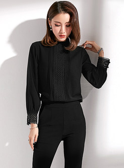 Chic Solid Color Stand Collar Lace Slim Chiffon Blouse