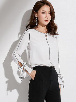 Color-blocked O-neck Tied Chiffon Blouse