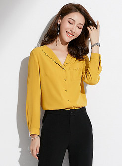 Pure Color Turn Down Collar Single-breasted Blouse