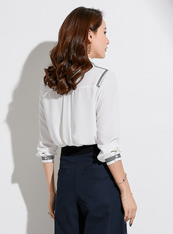 Chiffon Color-blocked Embroidered Lapel Blouse