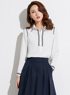 Chiffon Color-blocked Embroidered Lapel Blouse