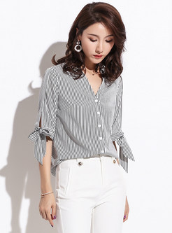 Striped Single-breasted Half Sleeve Bowknot Slim Blouse