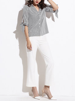 Striped Single-breasted Half Sleeve Bowknot Slim Blouse
