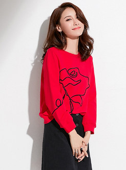 Casual Red Embroidered O-neck Sweatshirt