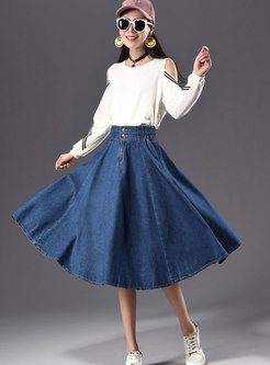 Fashion Cotton Blue Big Hem Denim Plus Size Skirt