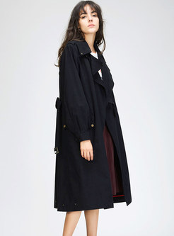 Pure Color Turn Down Collar Belted Long Trench Coat