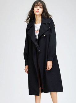 Pure Color Turn Down Collar Belted Long Trench Coat