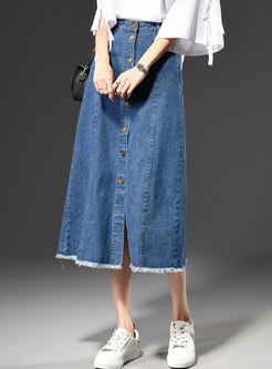 Stylish Blue Skater Denim Maxi Skirt With Tassel Edge