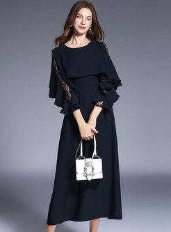 Trendy Elegant Shawl Collar Lace Hollow Out Maxi Dress