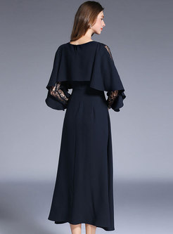 Trendy Elegant Shawl Collar Lace Hollow Out Maxi Dress
