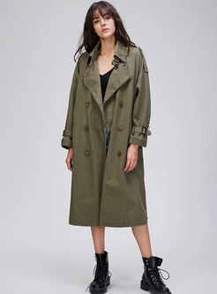 Casual Pure Color Double-breasted Long Trench Coat
