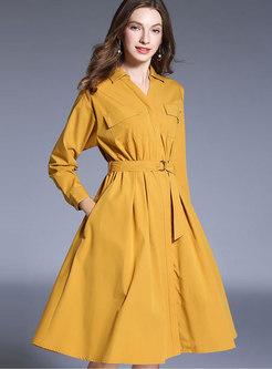 Stylish Yellow V-neck Belted Big Hem Dress With Pockets