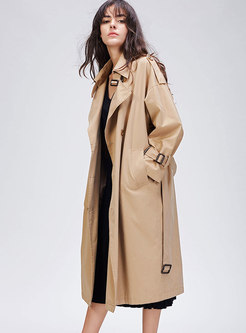 Pure Color Double-breasted Belted Long Trench Coat
