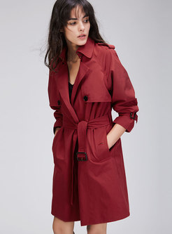 Trendy Solid Color Belted A Line Trench Coat
