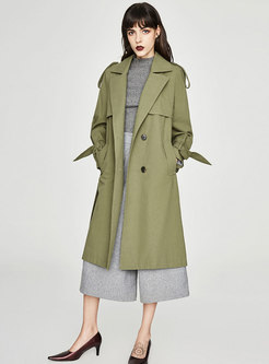 Pure Color Gathered Waist Bowknot Double-breasted Slim Trench Coat
