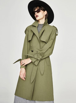 Pure Color Gathered Waist Bowknot Double-breasted Slim Trench Coat
